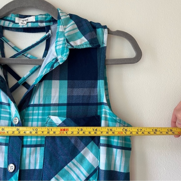 Ardene Plaid Sleeveless Button-Up Tank Top Small Crisscross Back Blue Green Soft - Picture 10 of 11